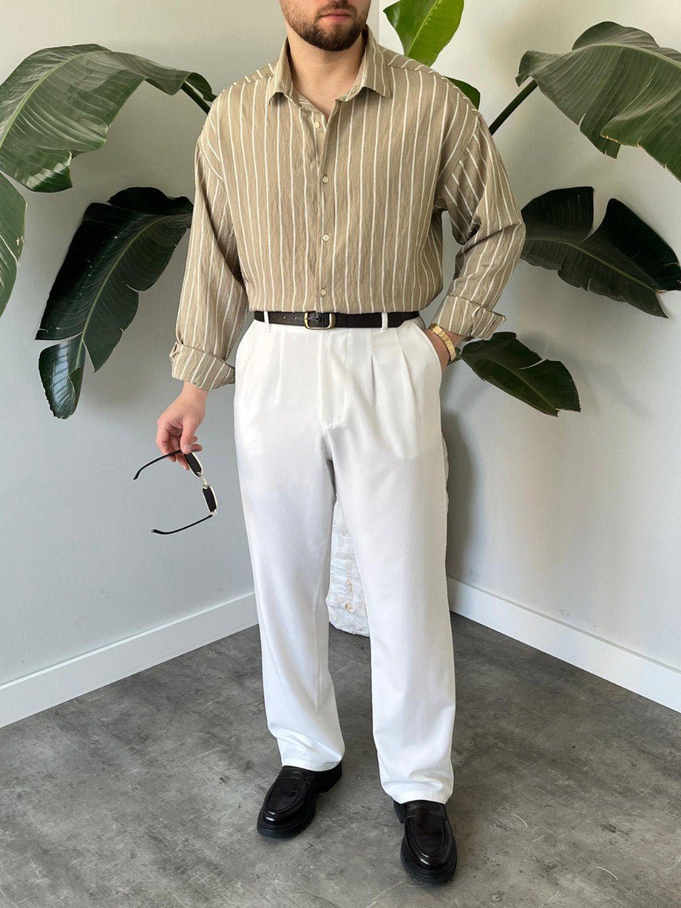 Çizgili keten gömlek Açık Kahve - QUUL TR