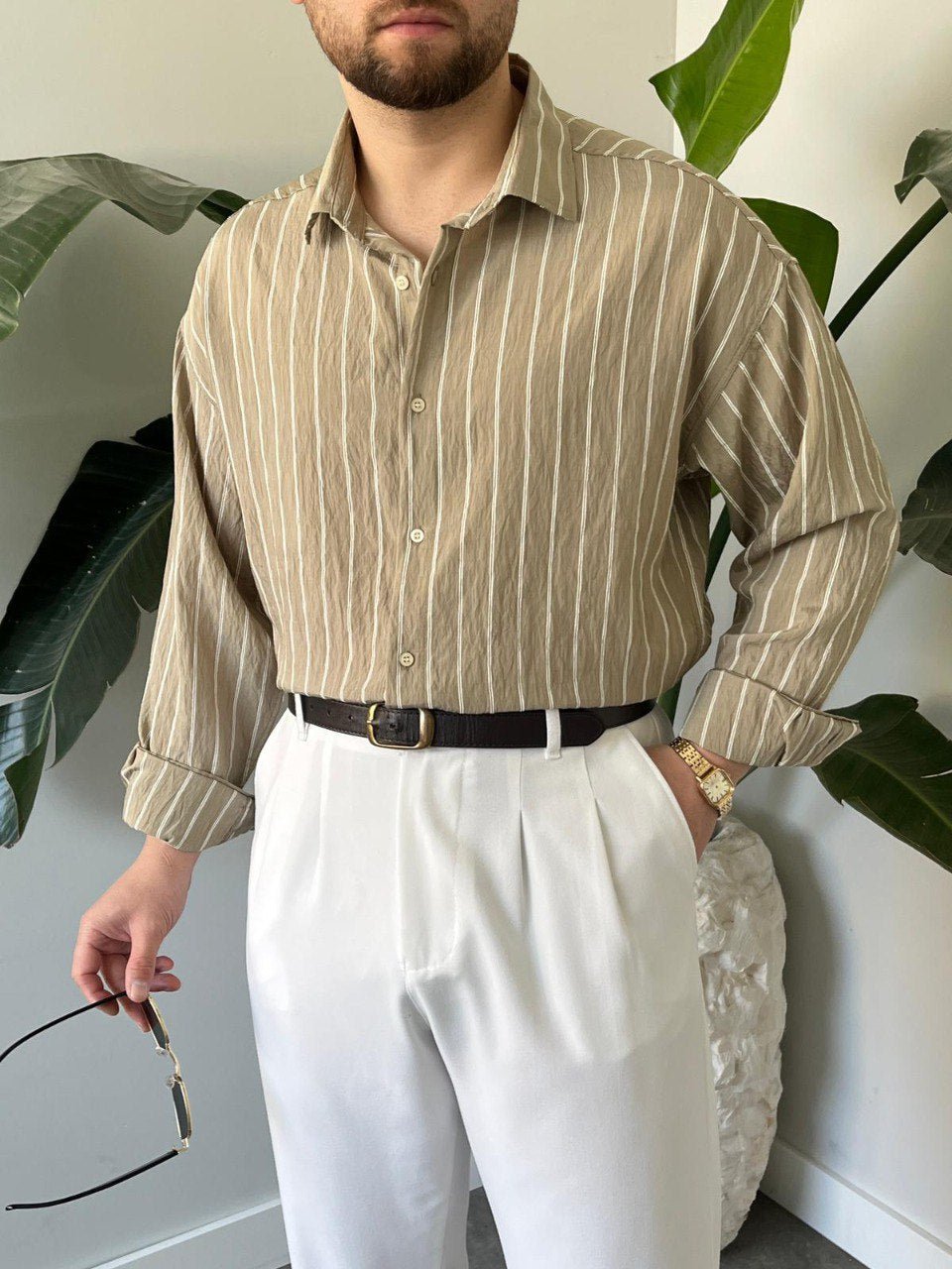 Çizgili keten gömlek Açık Kahve - QUUL TR