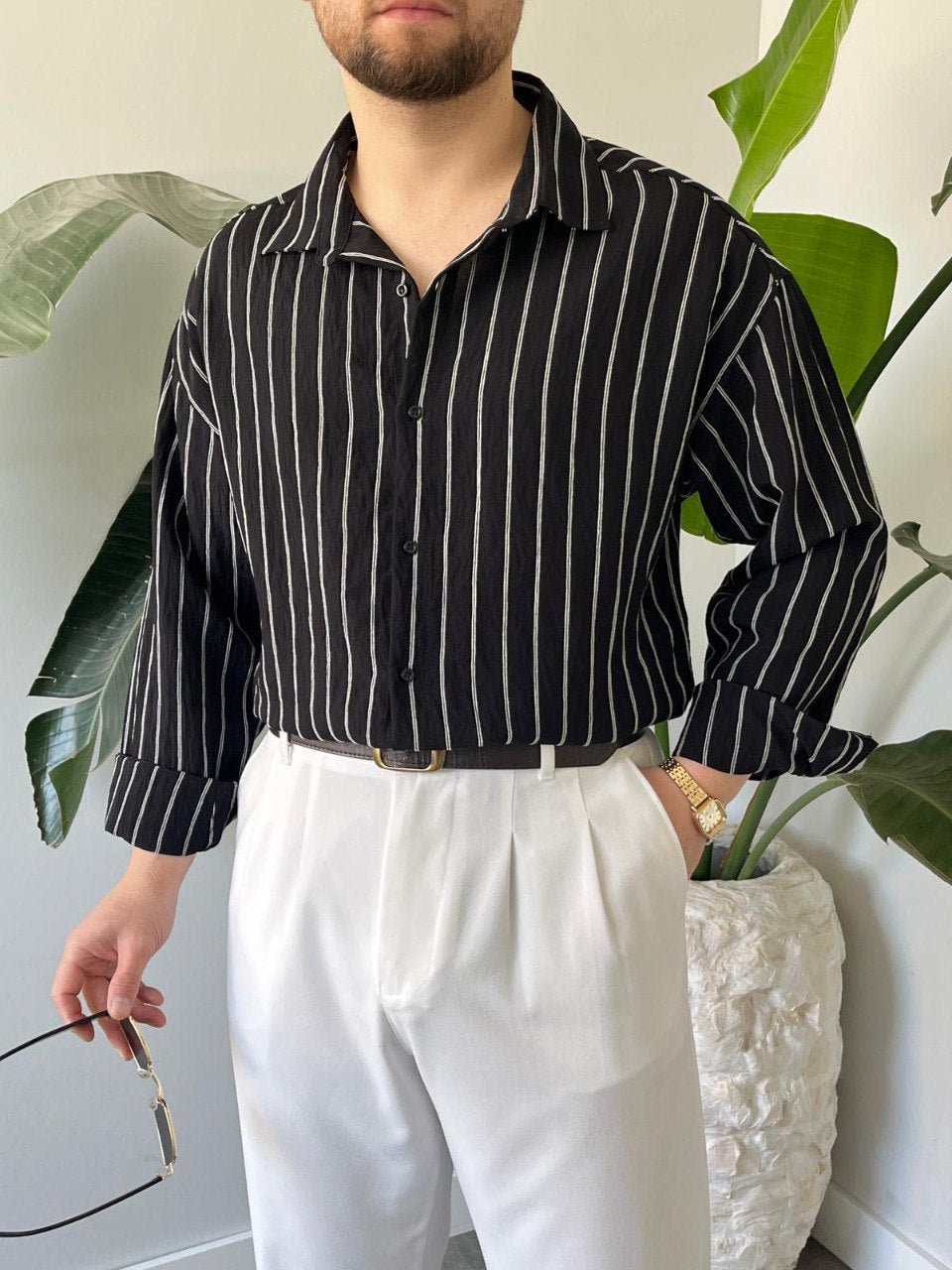 Çizgili keten gömlek Lacivert - QUUL TR