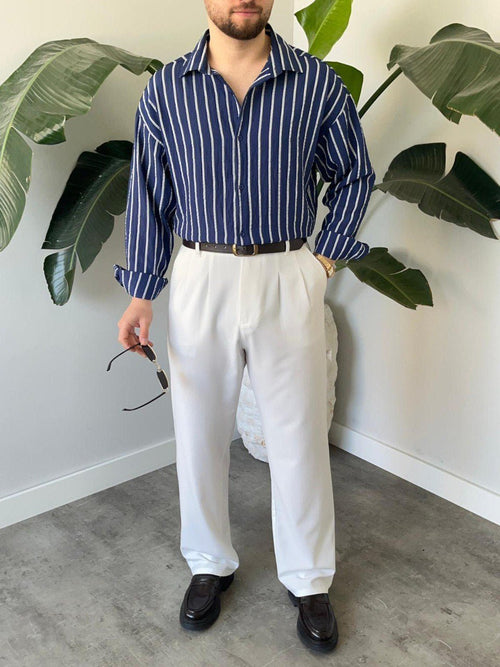 Çizgili keten gömlek Lacivert - QUUL TR