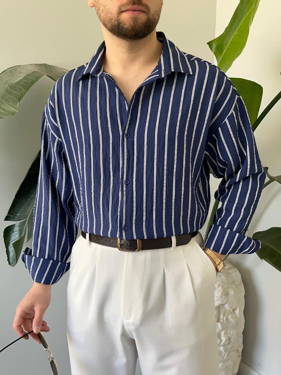Çizgili keten gömlek Lacivert - QUUL TR