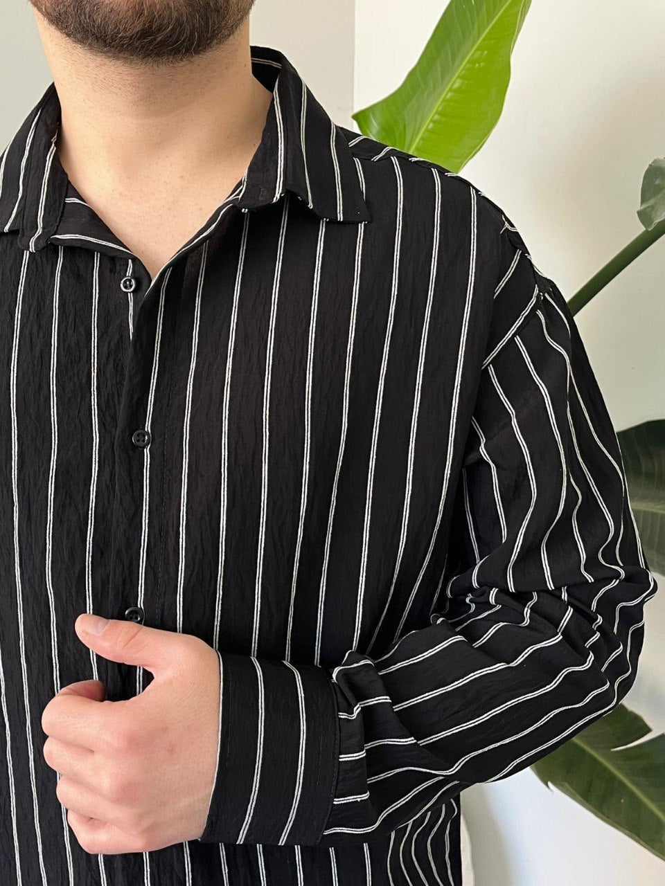 Çizgili keten gömlek Siyah - QUUL TR