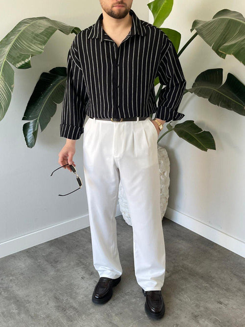 Çizgili keten gömlek Siyah - QUUL TR